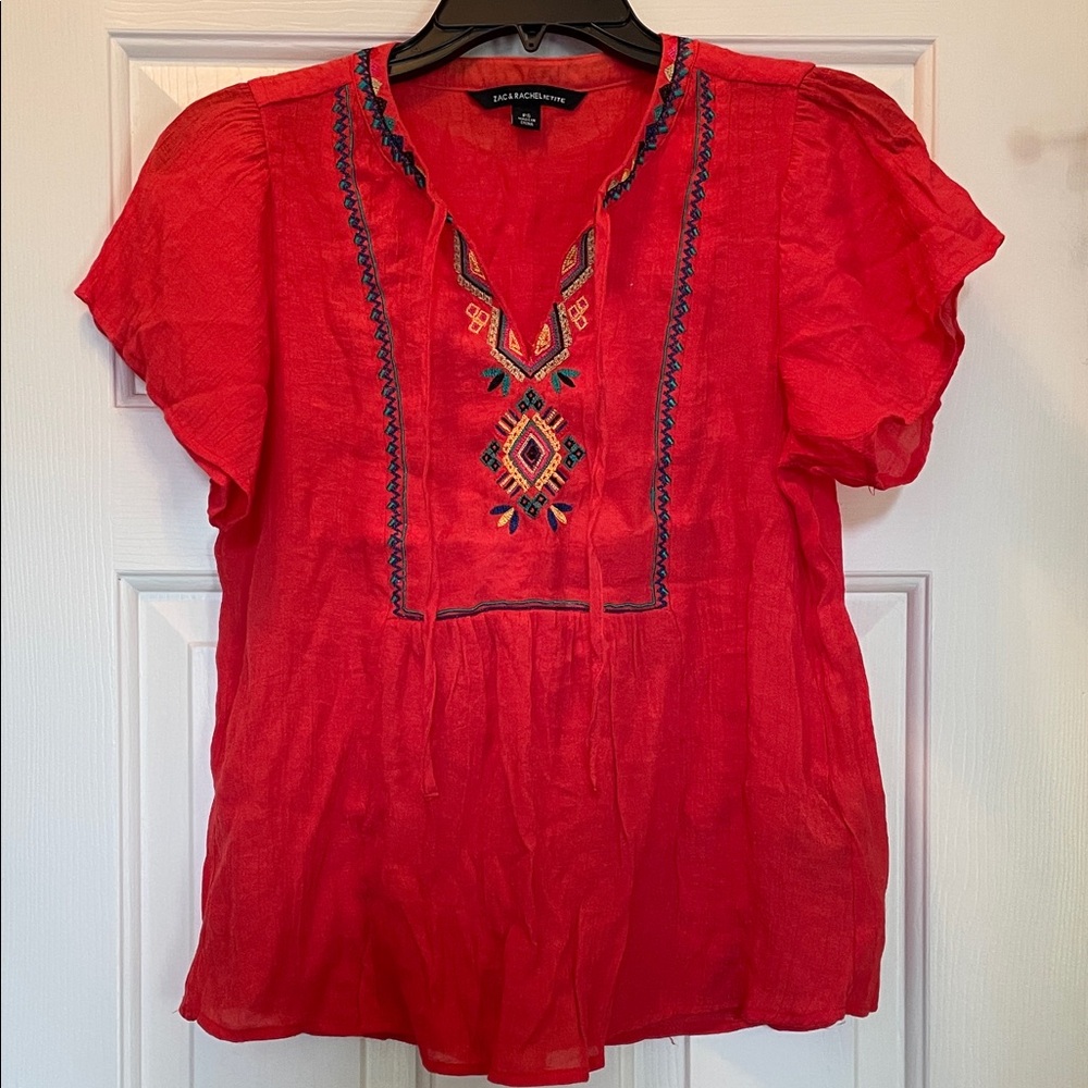 Zac & Rachel Red Embroidered V-Neck Peasant Top